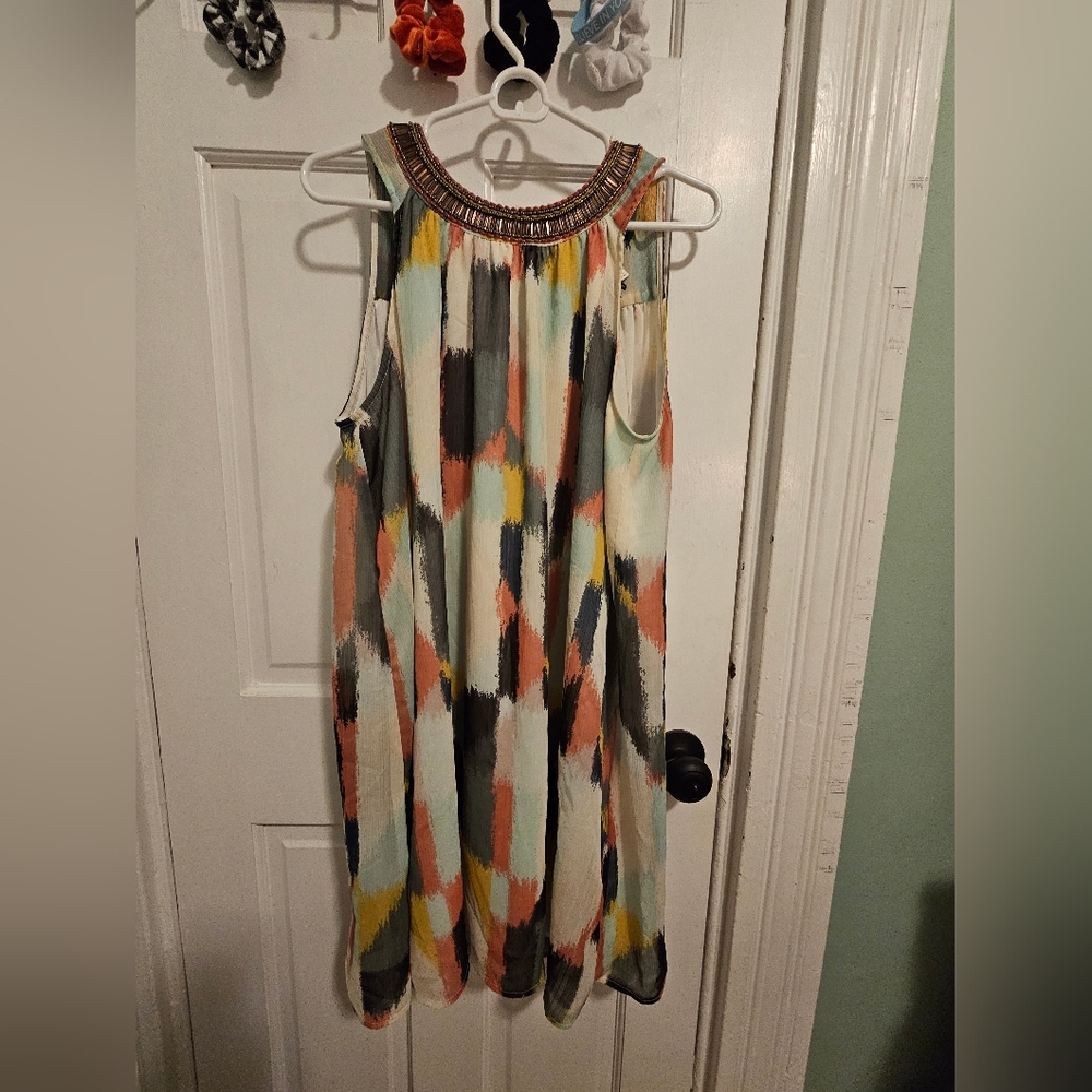 Colorful Sleeveless Halter Dress with Beaded Neckline